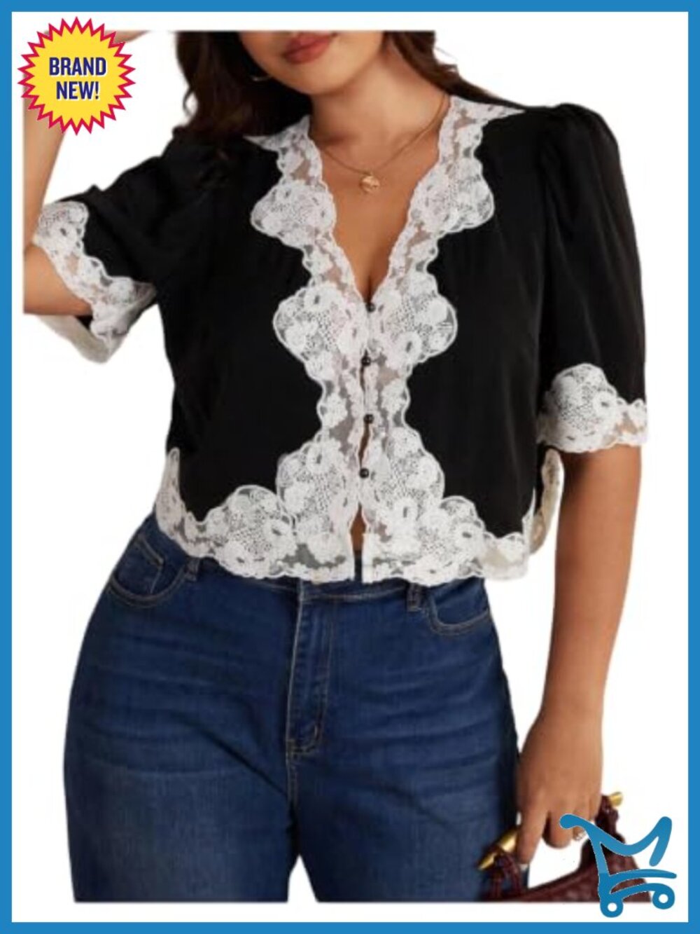 Plus Size Lace Blouse Button Down V-Neck Short Sleeve Crop Top